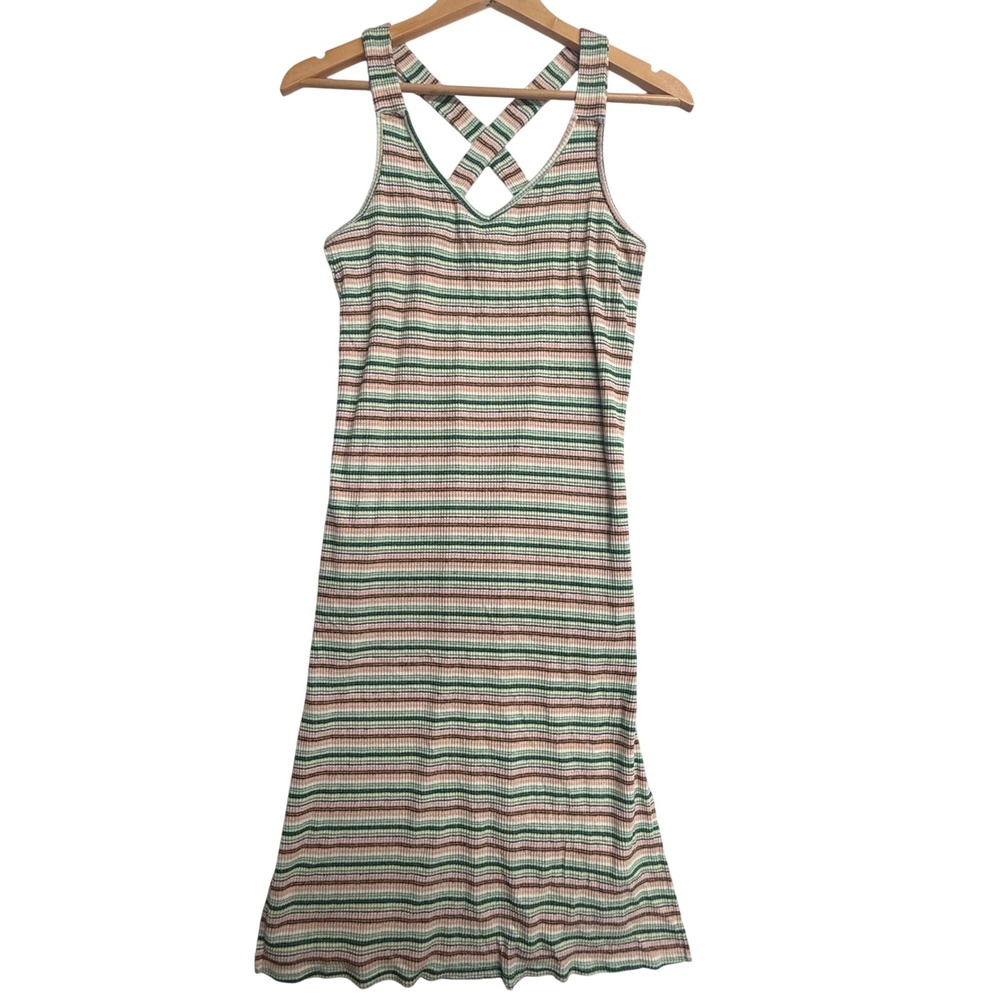 O'Neill Women's Medium Striped Rib Knit Midi‎ Dress Criss Cross Back Sleeveless
